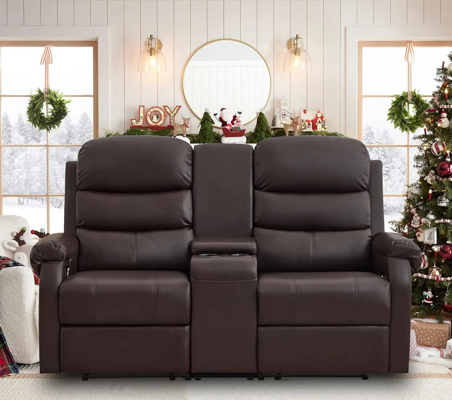 65.7" Manual Loveseat Recliner Sofa with Storage Console, Cup Holders and Side Pockets, Dual Reclining Sofa for Living Roo