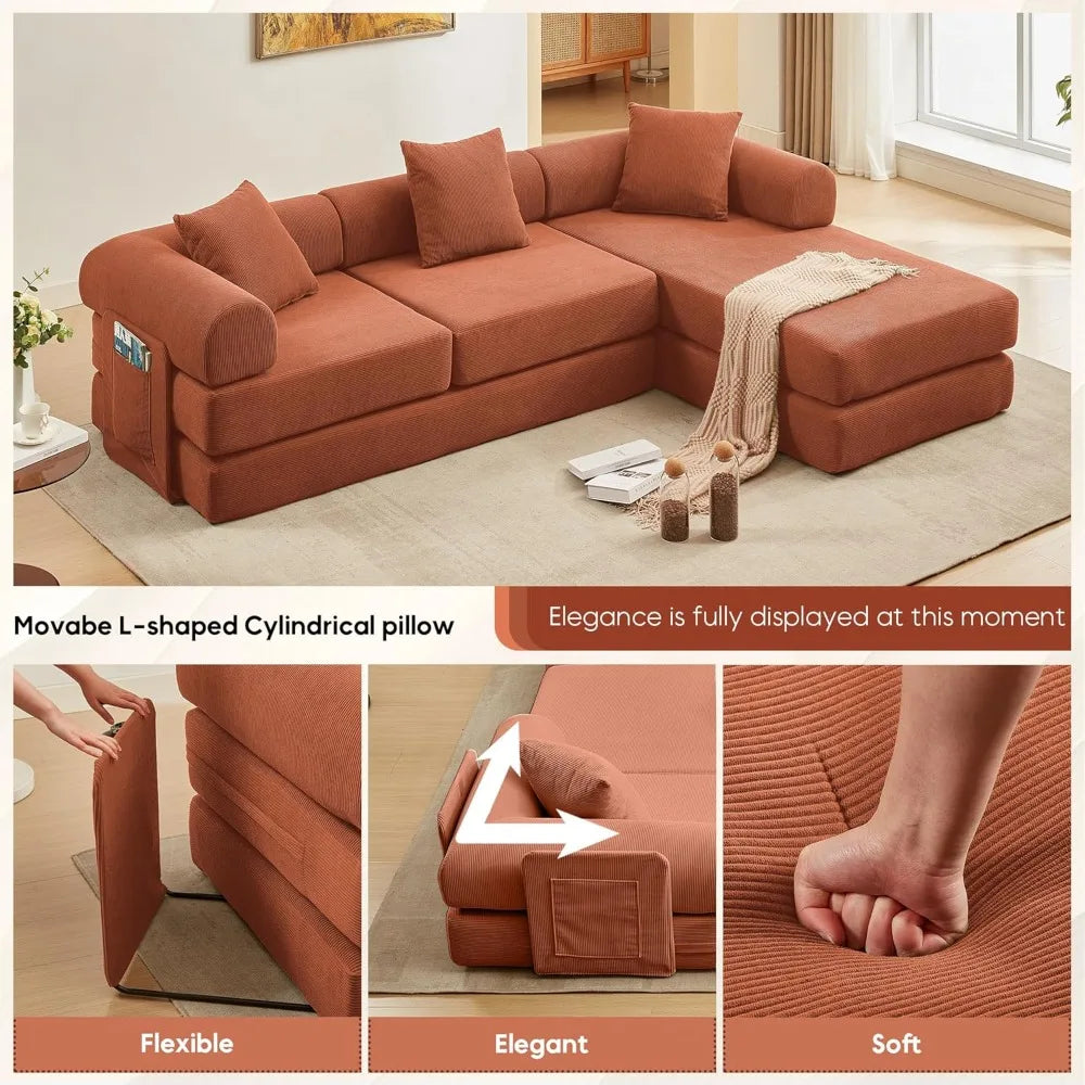 L Shaped Modular Sofa Bed with Cylindrical Pillow & Reversible Chaise, Corduroy Folding Floor Convertible Sofa Couch Bed
