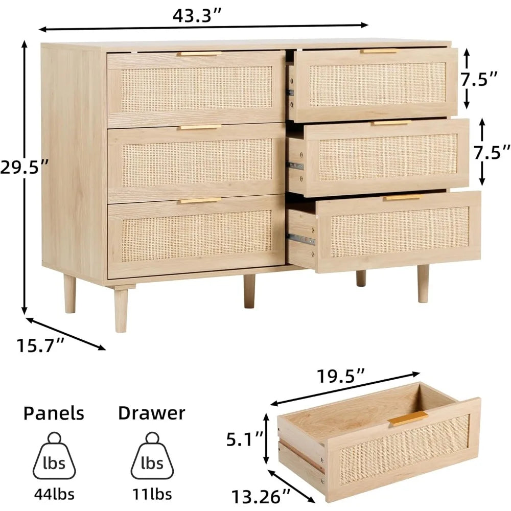 Rattan Dresser for Bedroom, Modern 6 Drawer Double Dresser with Gold Handles, Wood Storage Chest of Drawers fo Bedroom,Living Ro