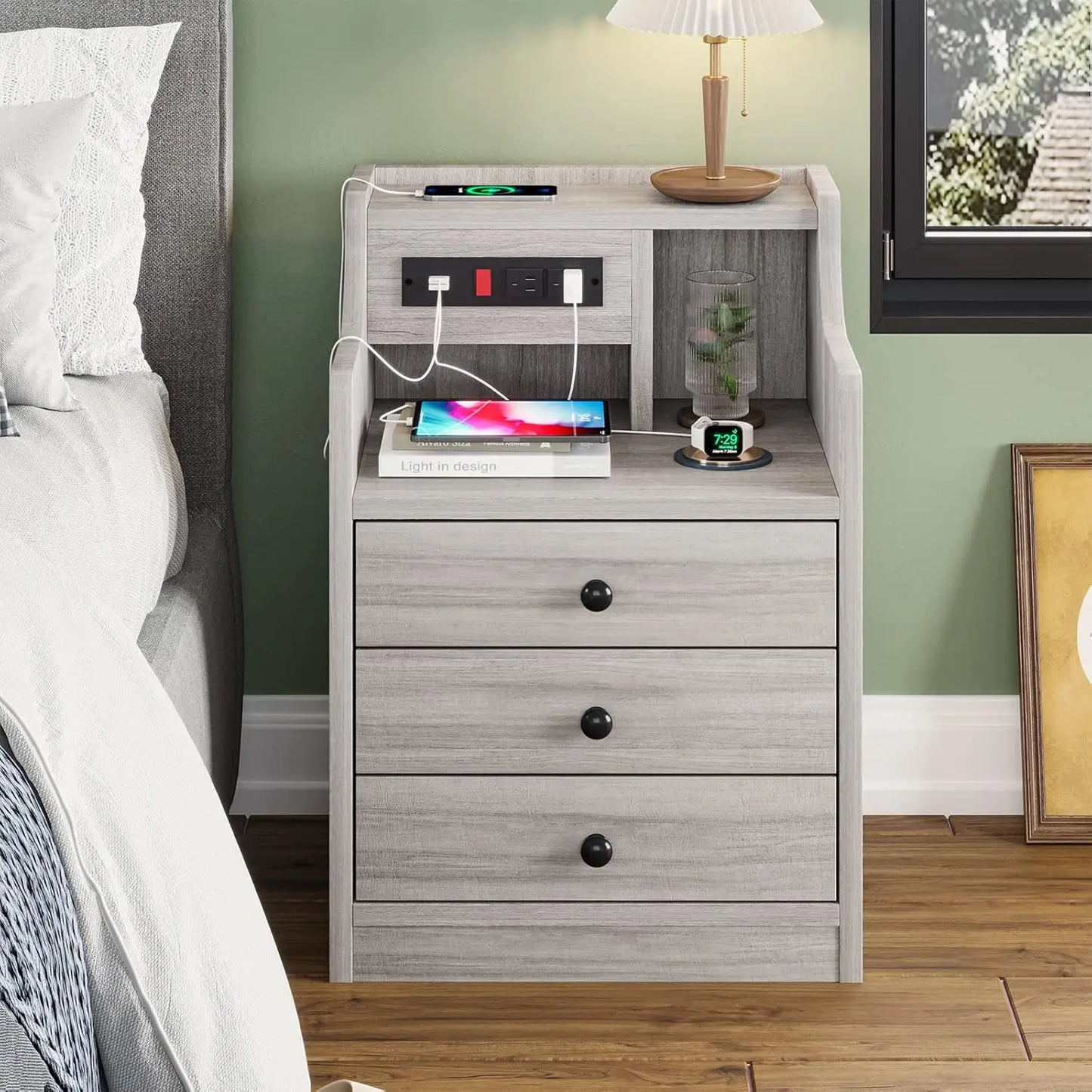 Nightstand with Charging Station, Night Stand with Hutch & Storage Drawers, End Table Side Table Bedroom,