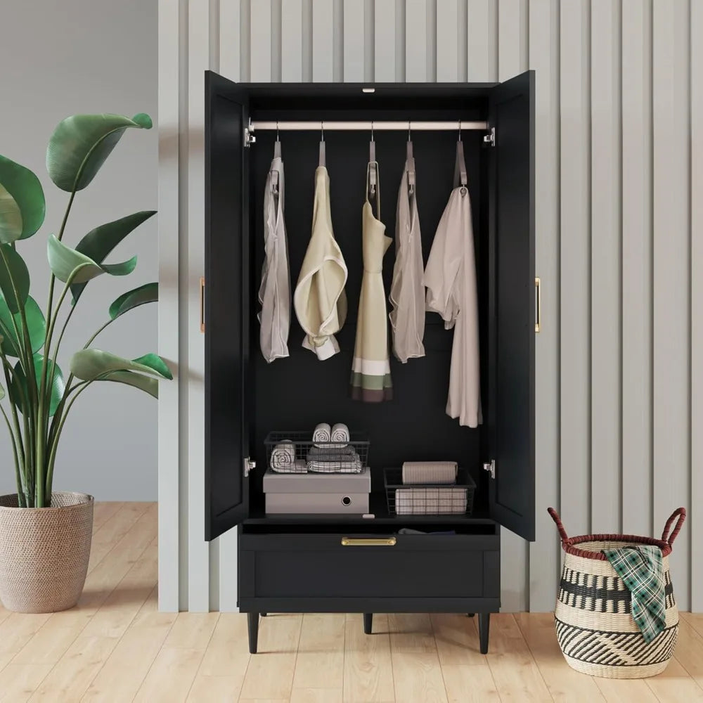 Modern Black Bedroom Armoire with Hanging Rod and Drawers, 60 Two-Door Storage Cabinet for Clothes