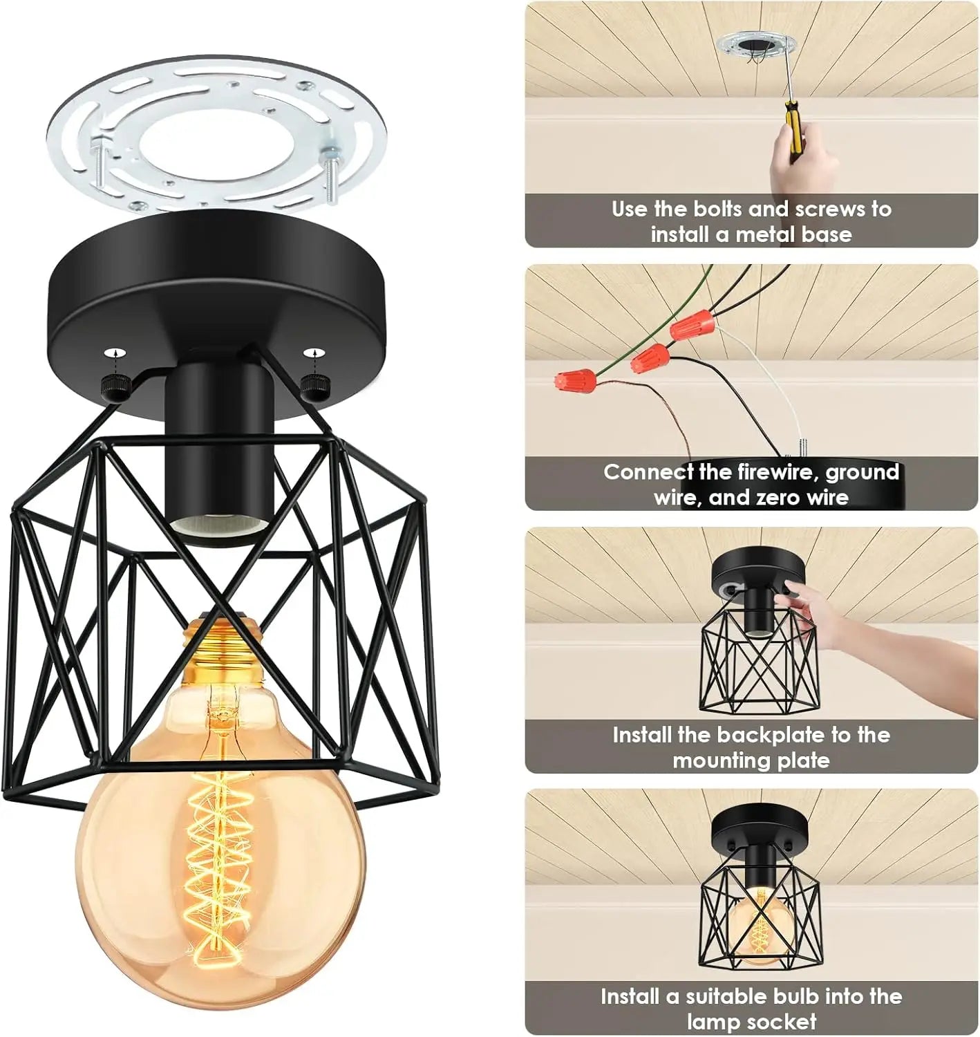 E26 Industrial Metal Cage Lights Fixtures Ceiling Mount, for Hallway Farmhouse Kitchen Bedroom Lighting (4 Packs)