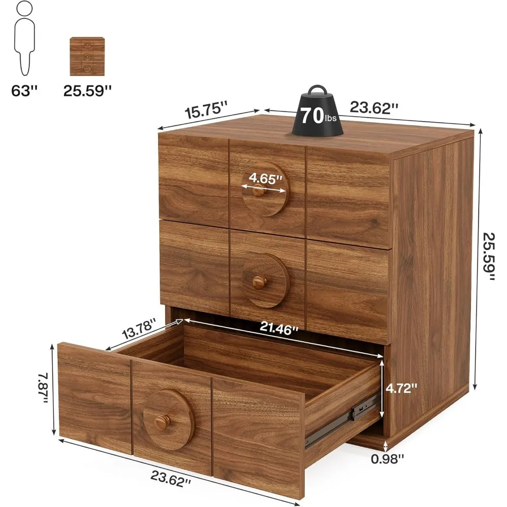 3 Drawers Nightstand Set of 2, Mid-Century Modern Night Stand with Storage for Bedroom, Wood Bedside End Table with Solid Handl