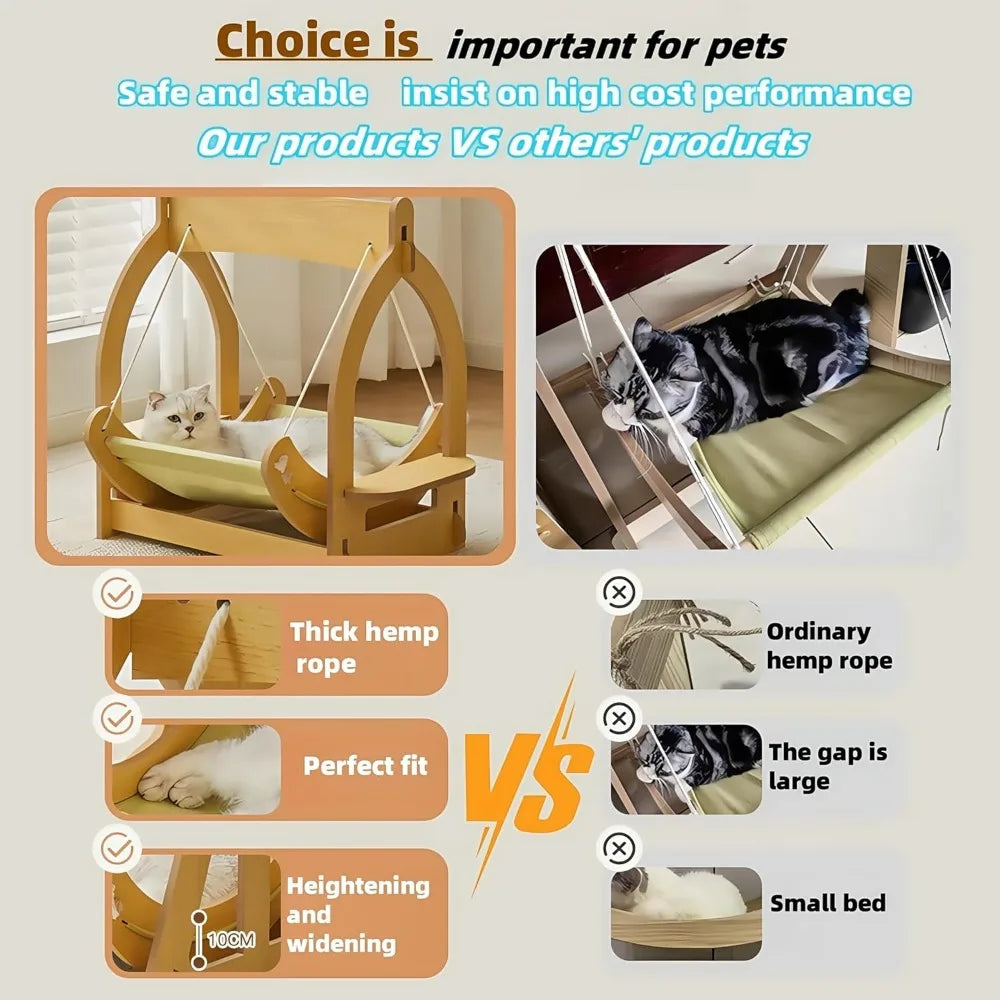 2 in 1 Wooden Cat Hammock, Comfortable and Breathable Hanging Cat Bed with Soft Mattress and Pillow,Suitable for Cats or Small D