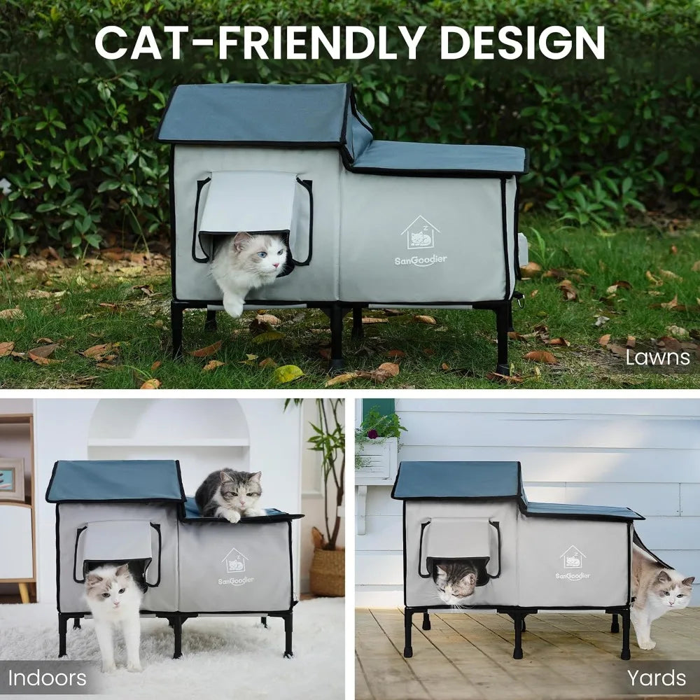 Outdoor Cat House Weatherproof, Summer Cooling Outside Cat Houses with Freezing Bottle, Foldable Cats Shelter, Large Cave Bed fo