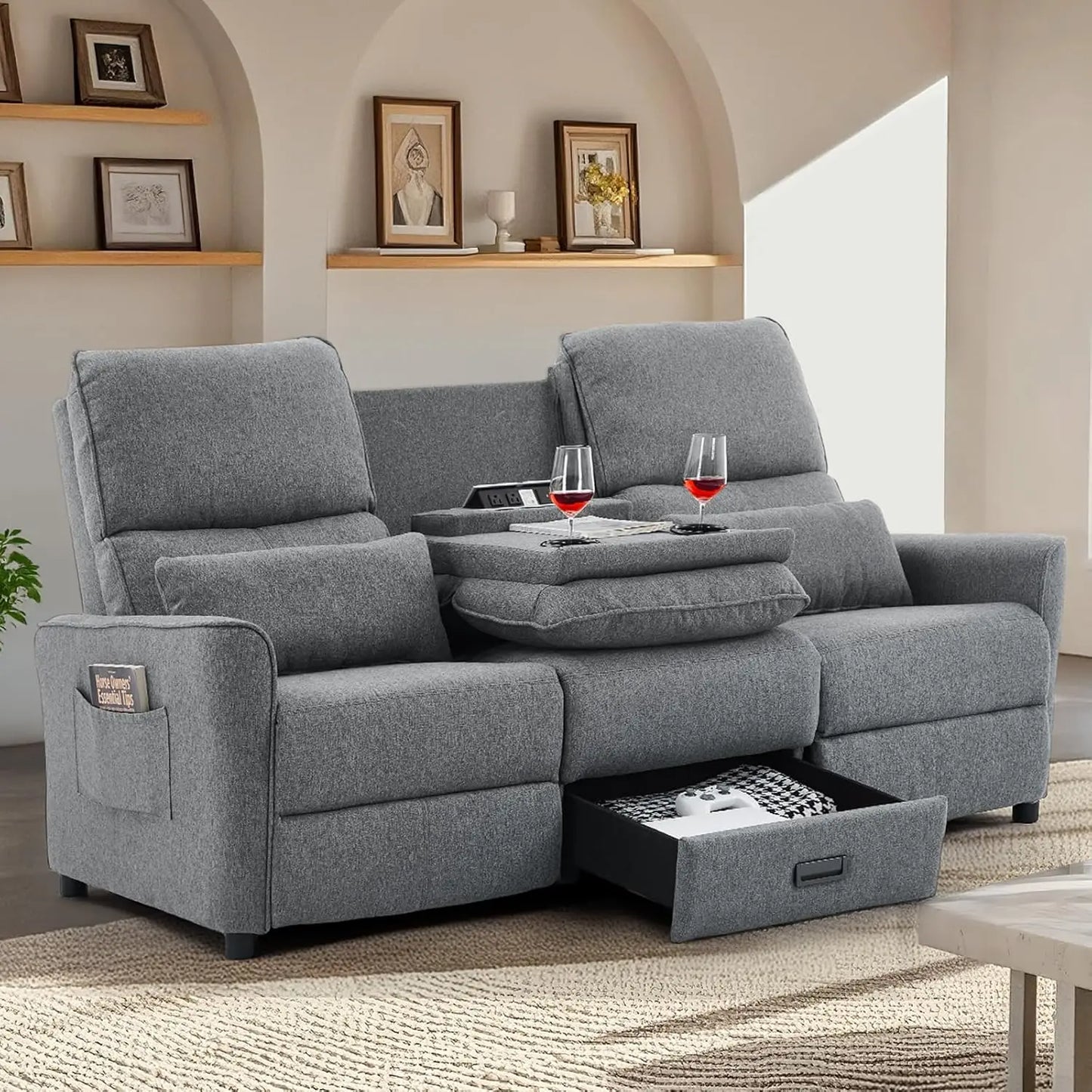 "74" 3-Seater RV Recliner Sofa - Flip Backrest & Drawer, USB/AC Ports & Cup Holders for Living Room"