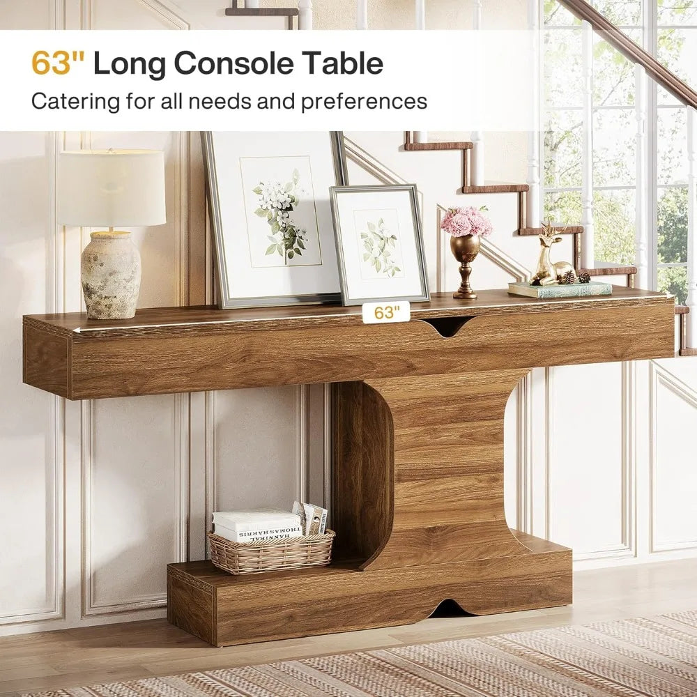 Wood Console Table, Modern 63-Inch Entryway Table, Long Sofa Table for Living Room, Hallway, Entrance (Walnut)