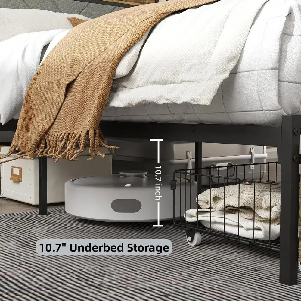 Heavy-Duty Metal Bed Frame with Storage Headboard, Charging Station, LED Light, and Noise-Free Design