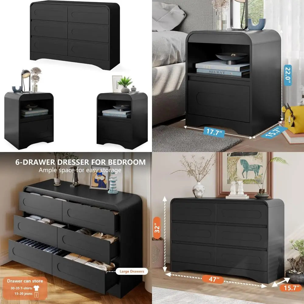 Modern 3-Piece Bedroom Furniture Set: Wooden 6-Drawer Dresser, Pair of 2-Drawer Nightstands, and Wide Chest of Drawers