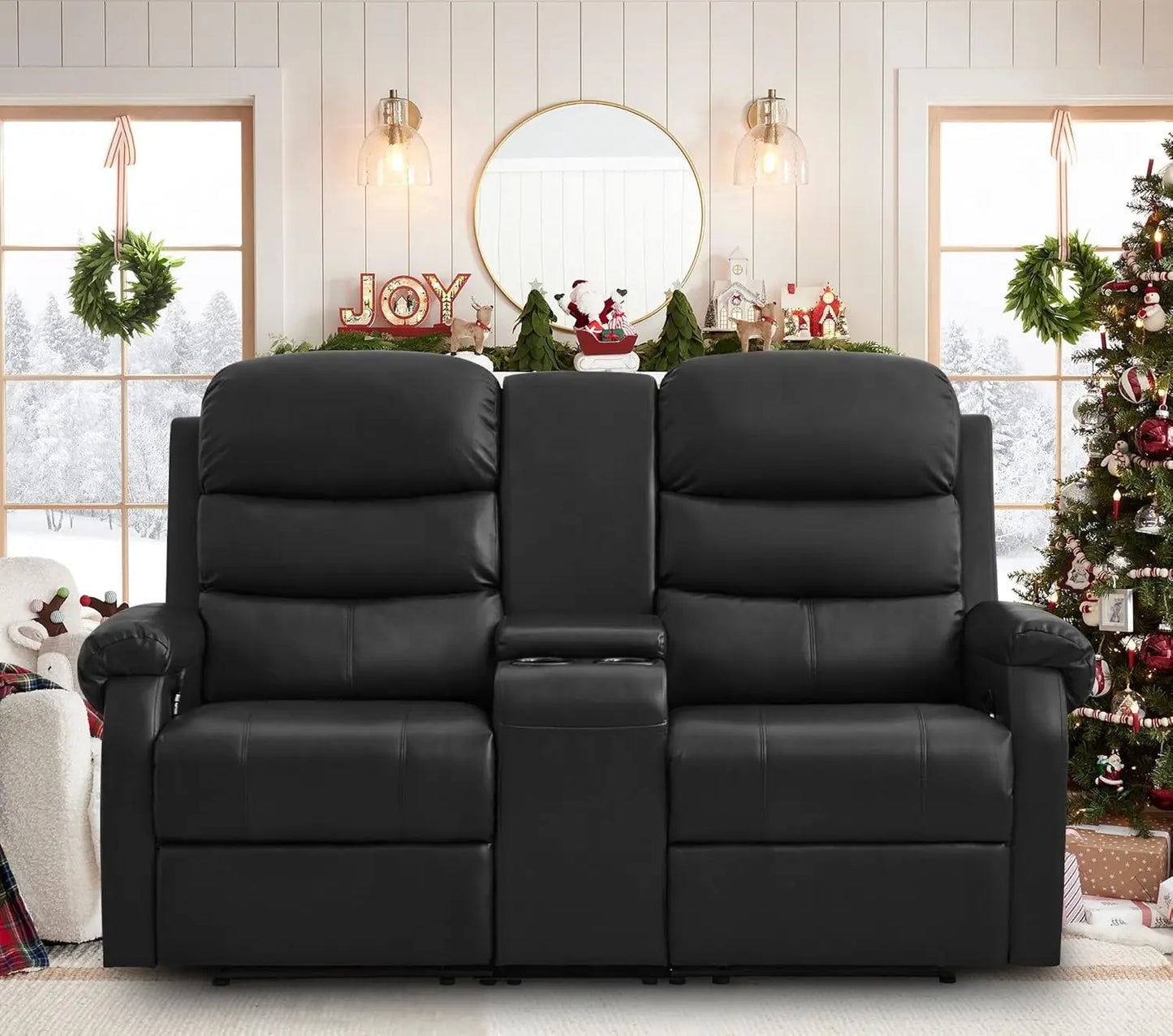 65.7" Manual Loveseat Recliner Sofa with Storage Console, Cup Holders and Side Pockets, Dual Reclining Sofa for Living Roo