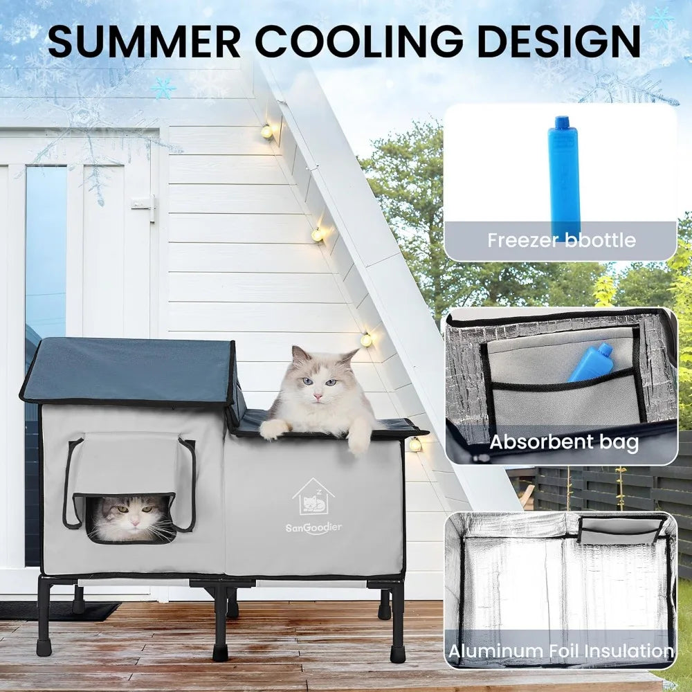 Outdoor Cat House Weatherproof, Summer Cooling Outside Cat Houses with Freezing Bottle, Foldable Cats Shelter, Large Cave Bed fo