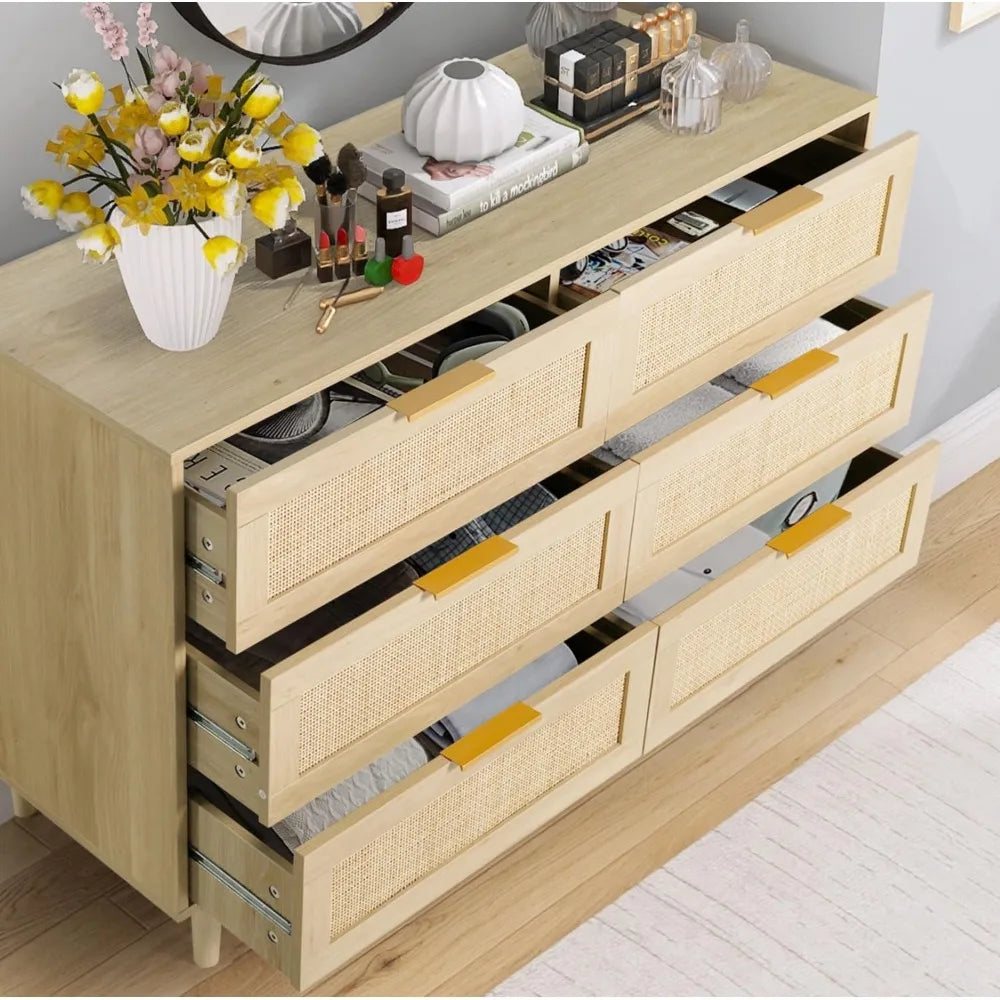 Rattan Dresser for Bedroom, Modern 6 Drawer Double Dresser with Gold Handles, Wood Storage Chest of Drawers fo Bedroom,Living Ro