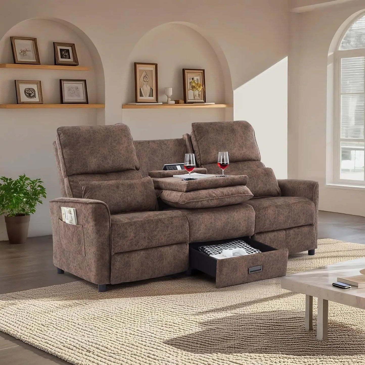 "74" 3-Seater RV Recliner Sofa - Flip Backrest & Drawer, USB/AC Ports & Cup Holders for Living Room"