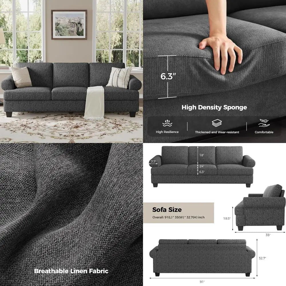 Extra Deep Seating 91 Oversized Mid-Century 3-Seat Sofa Couch in Dark Gray for Living Spaces and Lounges