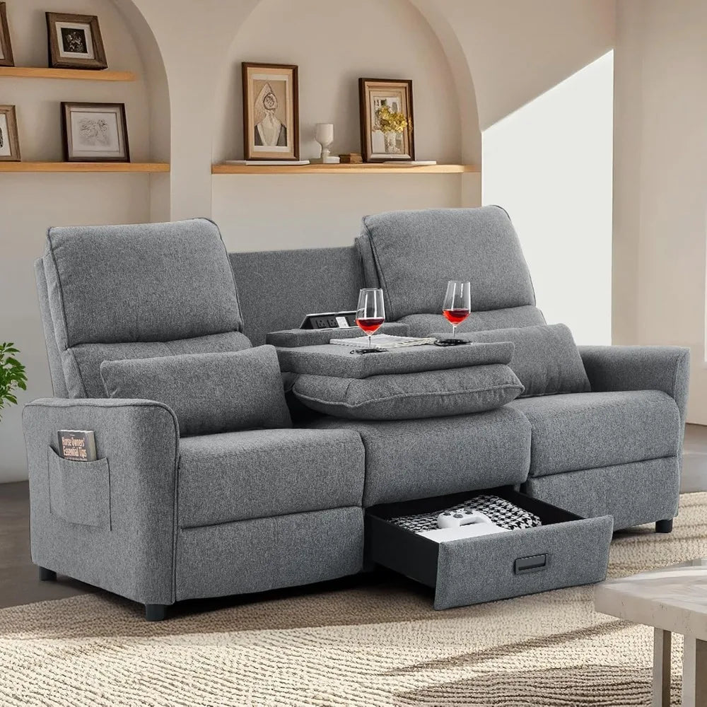 "74" 3-Seater RV Recliner Sofa - Flip Backrest & Drawer, USB/AC Ports & Cup Holders for Living Room"
