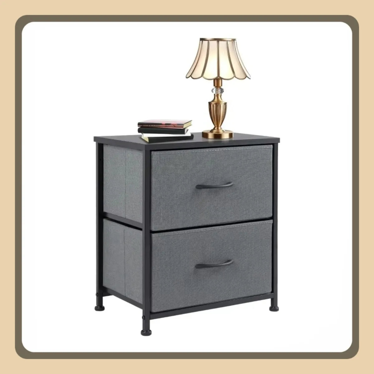 Nightstand with 2 Storage Drawers,Small Bed Side Furniture, Wooden Top Fabric Cabinet Kids Night Stand