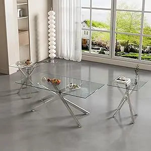 Living Room Set - Glass Coffee Table and 2 End Tables with Modern Design Set of 3 (Large Coffee Table + End Table x2, Gold)
