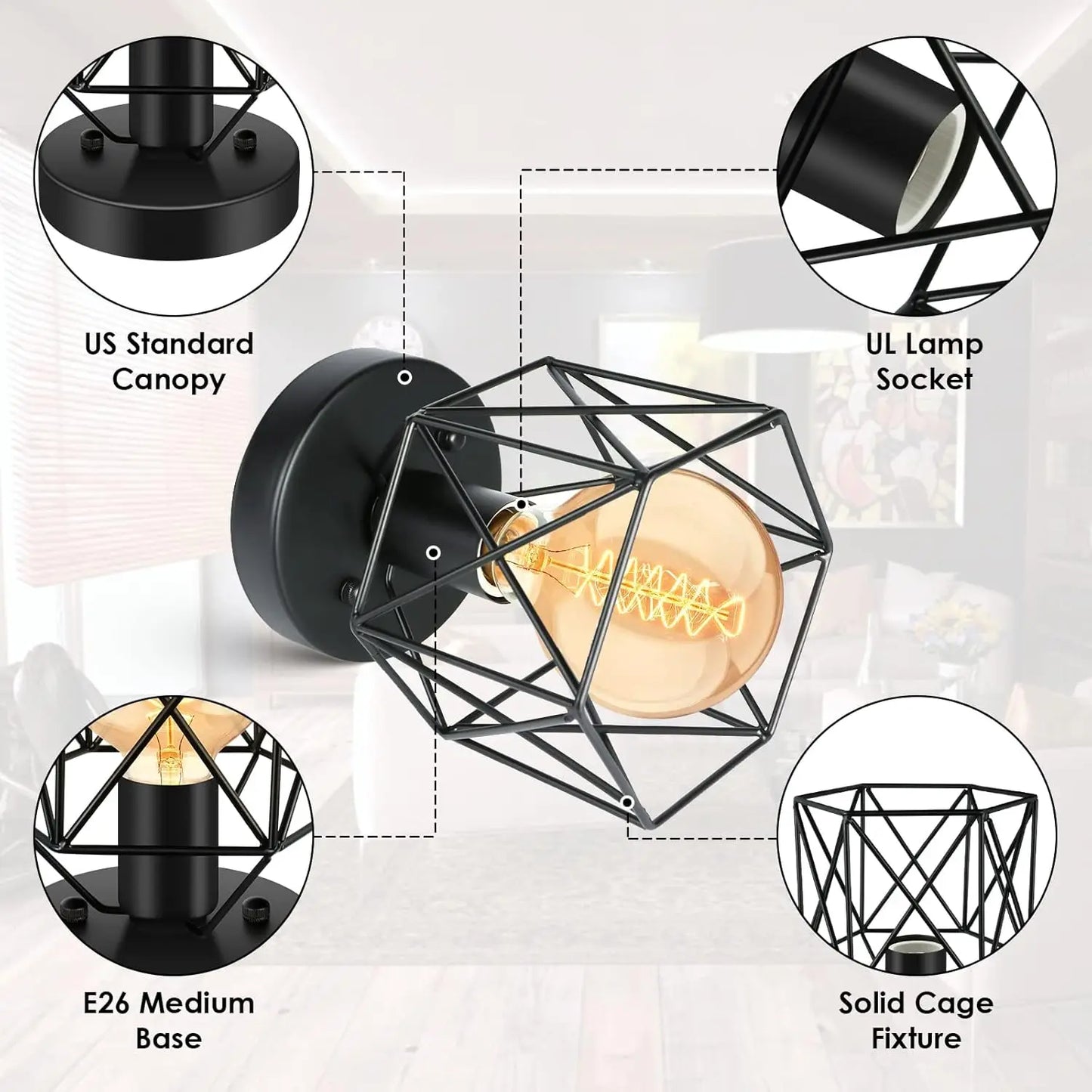E26 Industrial Metal Cage Lights Fixtures Ceiling Mount, for Hallway Farmhouse Kitchen Bedroom Lighting (4 Packs)