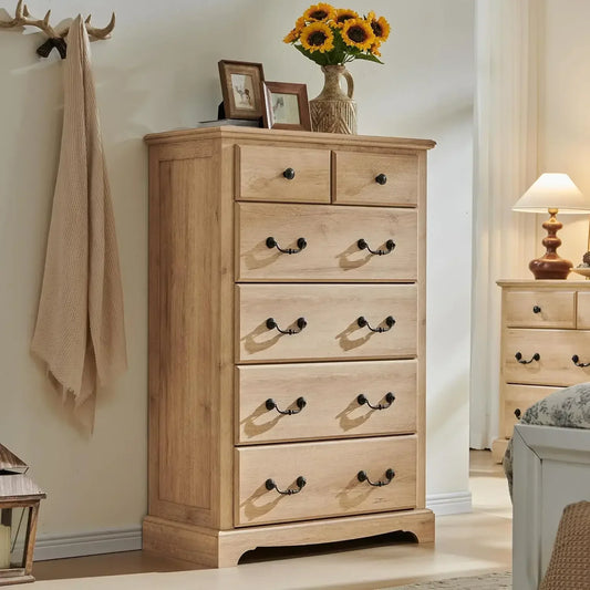 6 Drawers Dresser Chests for Bedroom, 48" Tall Rustic Chset,Wood Dressers Organizer for Bedroom, Living Room,Hallway,Natural Oak