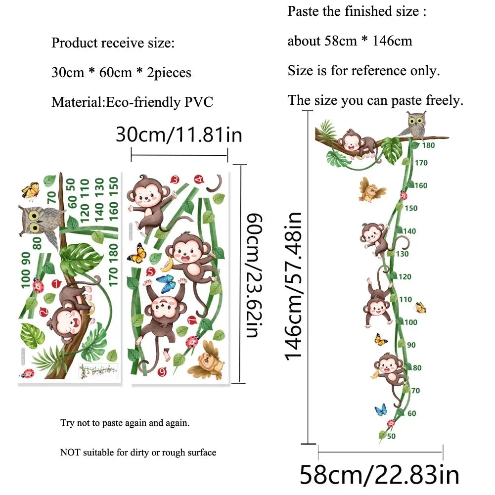 Monkey Vine Height Scale Wall Sticker Cartoon Kids Room Decoration Mural For Children Bedroom Home Decor Self-adhesive Wallpape