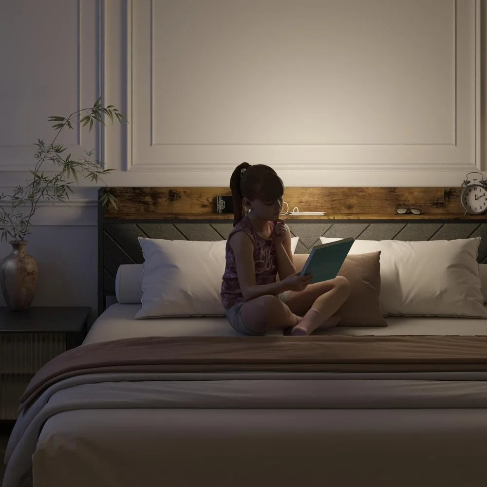 Heavy-Duty Metal Bed Frame with Storage Headboard, Charging Station, LED Light, and Noise-Free Design