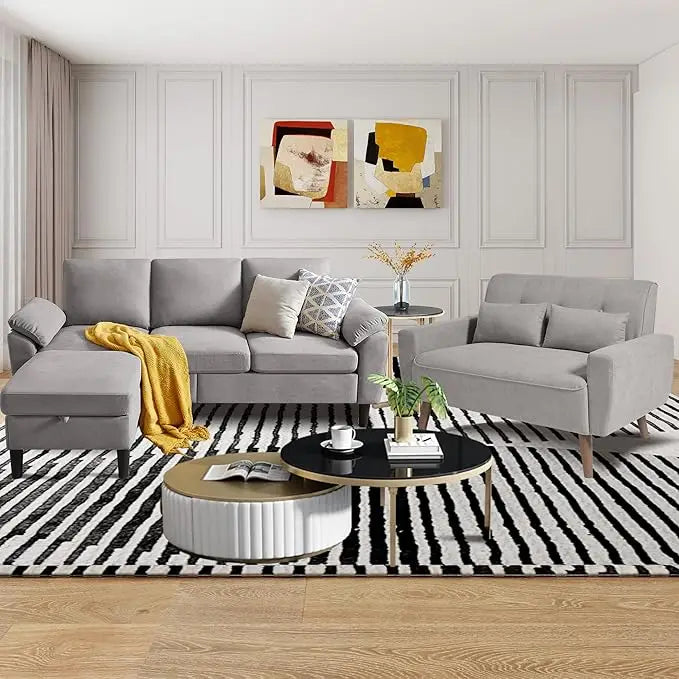 79" Convertible Sectional Sofa Set, Modern Linen Small L Shaped Couch with Reversible Chaise and Loveseat Sofa, 3-Seat Sofa