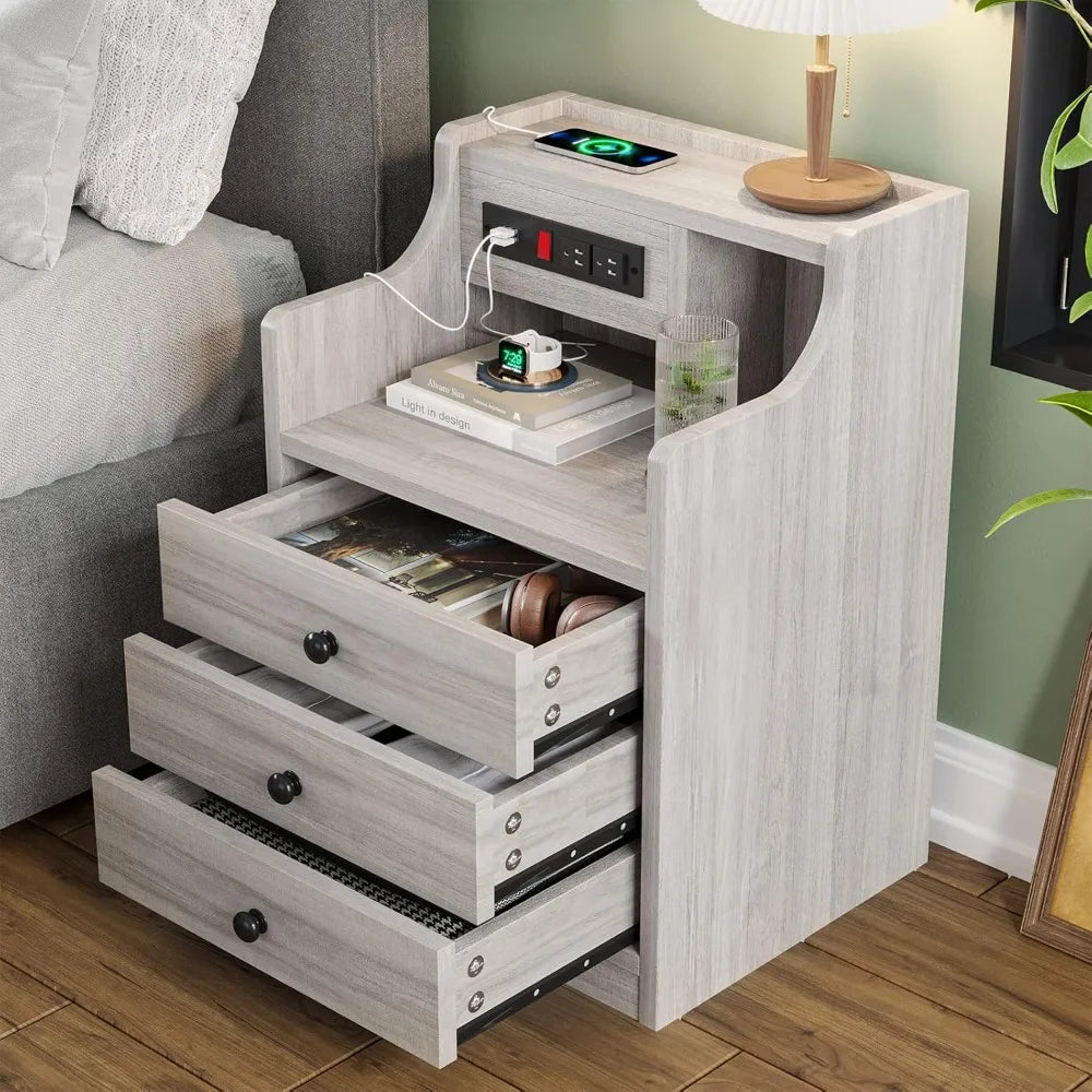 Nightstand with Charging Station, Night Stand with Hutch & Storage Drawers, End Table Side Table Bedroom,