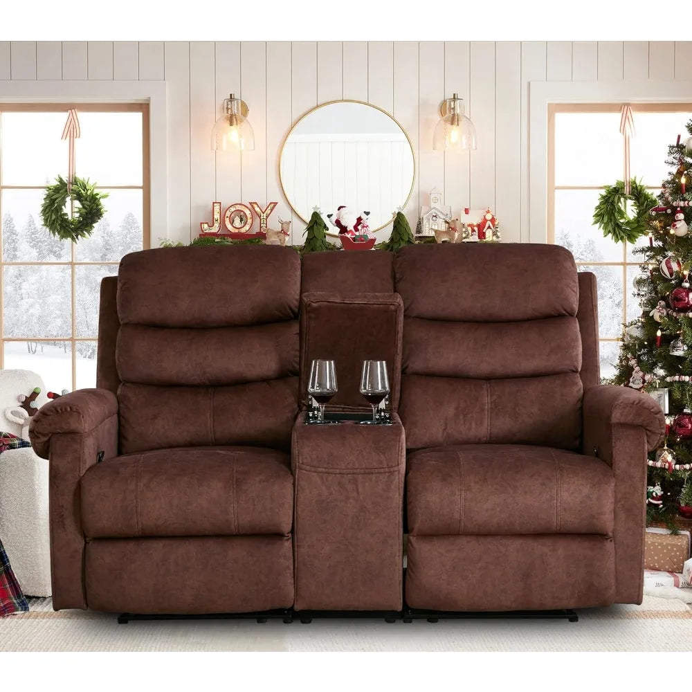 65.7" Manual Loveseat Recliner Sofa with Storage Console, Cup Holders and Side Pockets, Dual Reclining Sofa for Living Roo