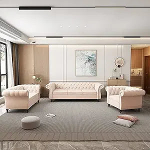 3 Piece Living Room Set, Velvet Chesterfield Sofa Loveseat Couch Chair with Scroll Arms and Nailhead for Living Room, Office (Bl