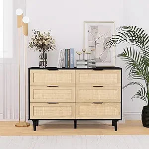 Rattan Dresser for Bedroom, Modern 6 Drawer Double Dresser with Gold Handles, Wood Storage Chest of Drawers fo Bedroom,Living Ro