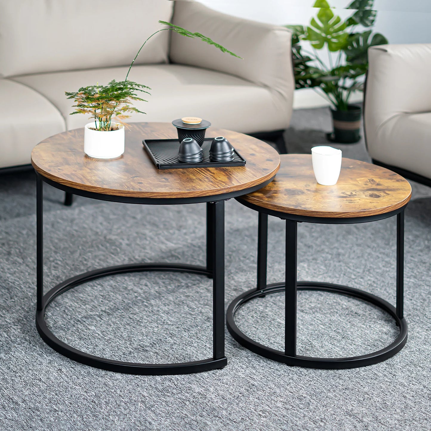 2-Piece Nesting Coffee Table Set | 23.6" Round Rustic Solid Wood Tabletop (Clear Grain for Premium Texture) | Adjustable Non-Sli