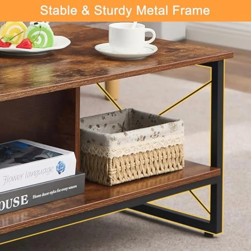 VECELO Wood 2-Tier Black Coffee Table with Storage Shelf for Living Room/Office Reception, Metal Frame & Wooden Tabletop, Modern