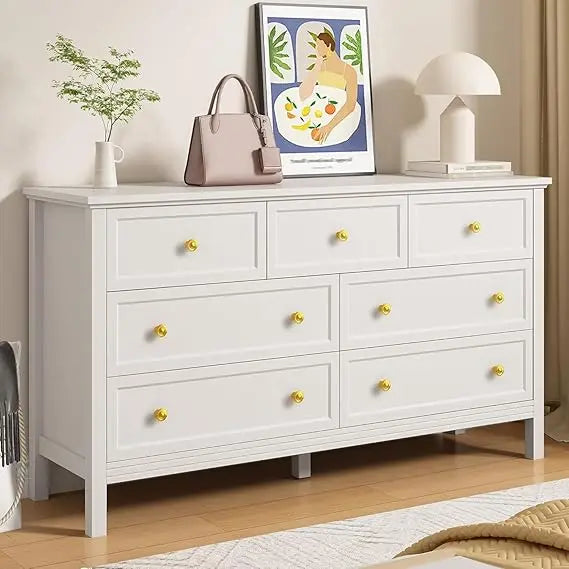 7 Drawer White Dresser for Bedroom, 55" Wood Dresser with Gold Handles, Wide Modern Chest of Drawers for Hallway, Entryway
