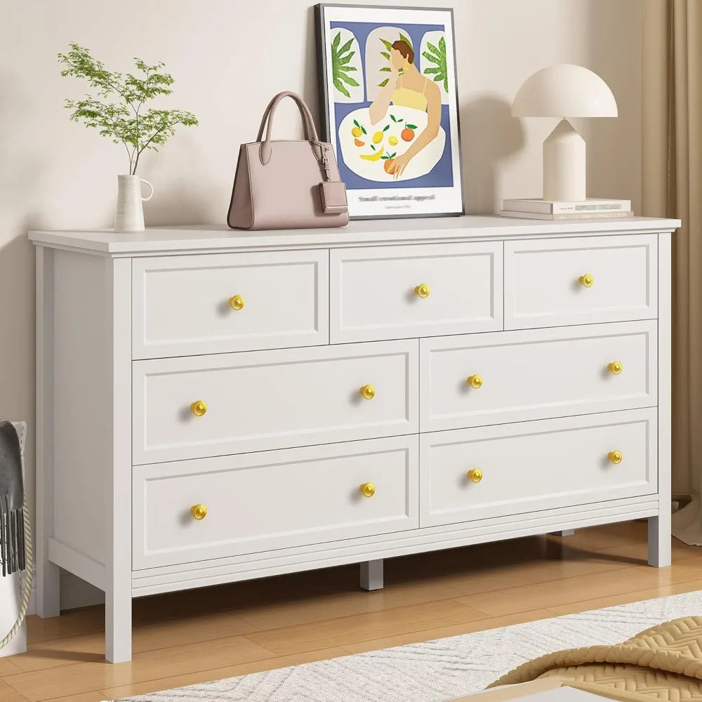 7 Drawer White Dresser for Bedroom, 55" Wood Dresser with Gold Handles, Wide Modern Chest of Drawers for Hallway, Entryway