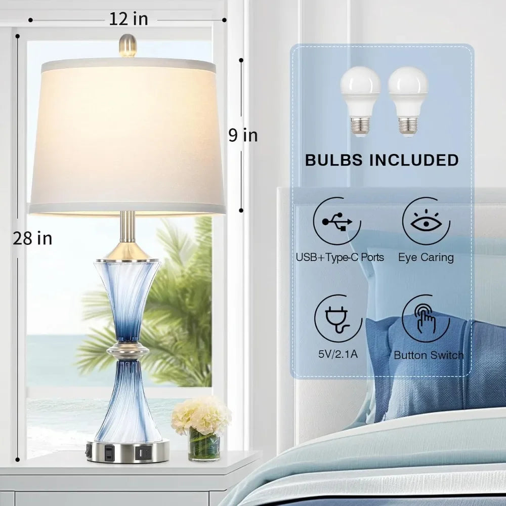 Customizable-Blue Glass Table Lamp Set Of 2 With USB C+A Ports & AC Outlet, Bedside Lamp, Modern Bedroom Lamps, Coastal Lamp For