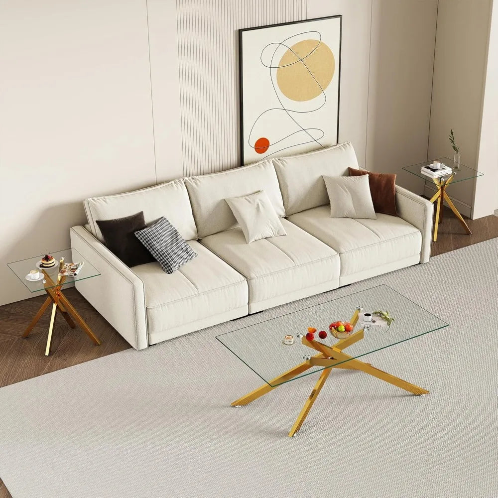 Living Room Set - Glass Coffee Table and 2 End Tables with Modern Design Set of 3 (Large Coffee Table + End Table x2, Gold)