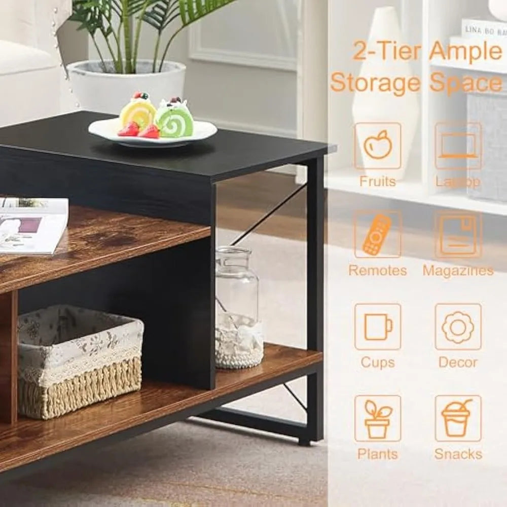 VECELO Wood 2-Tier Black Coffee Table with Storage Shelf for Living Room/Office Reception, Metal Frame & Wooden Tabletop, Modern