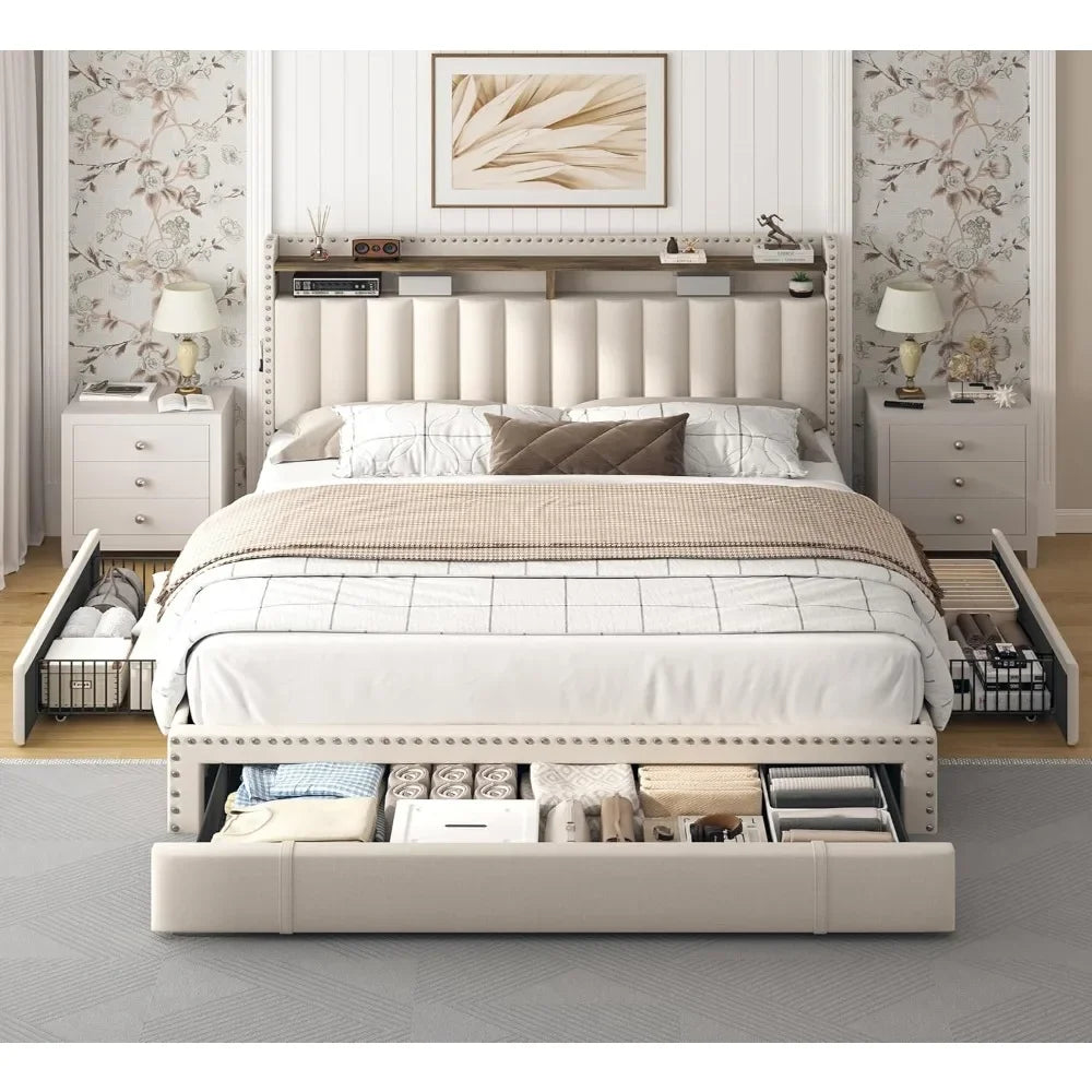 BEST SALE-Queen Bed Frame with 3 Drawers,Bed Frame Queen Size with Upholstered Headboard and Storage,2-Tier Shelves shed