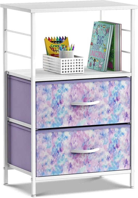 2 Drawer Shelf Storage Nightstand - Kids Bedside Furniture End Table Night Stand with Steel Frame Wood Top & Easy Pull Fabric Bi
