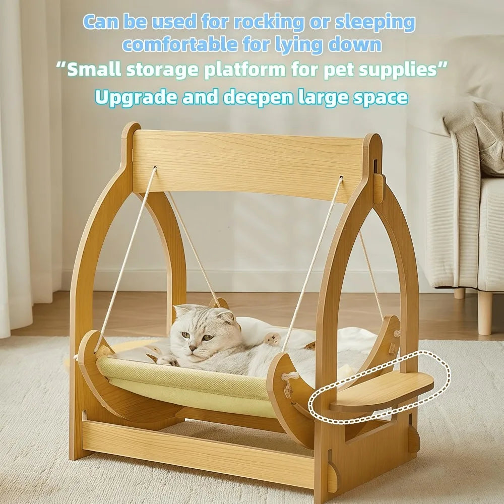 2 in 1 Wooden Cat Hammock, Comfortable and Breathable Hanging Cat Bed with Soft Mattress and Pillow,Suitable for Cats or Small D