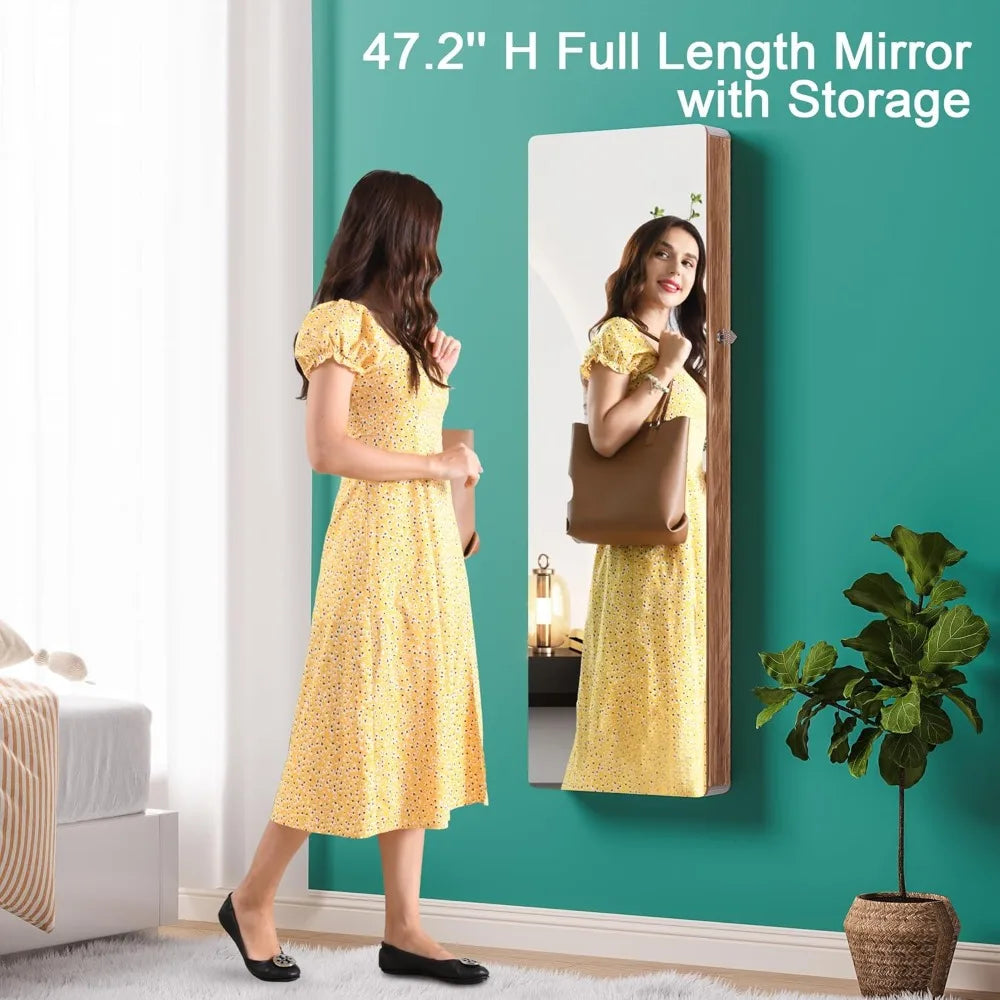 Wall-Mounted 47.2 Full-Length Mirror Jewelry Organizer with Over-the-Door Hanging Option