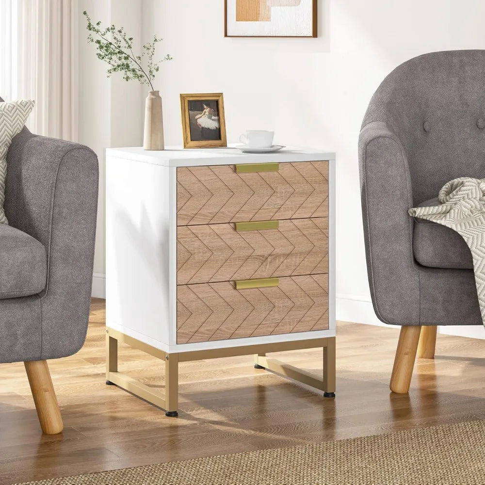 3 Drawers Nightstand Set of 2, Bedside Table with Unique Chevron Design, White End Side Table Night Stands with Gold Metal Legs