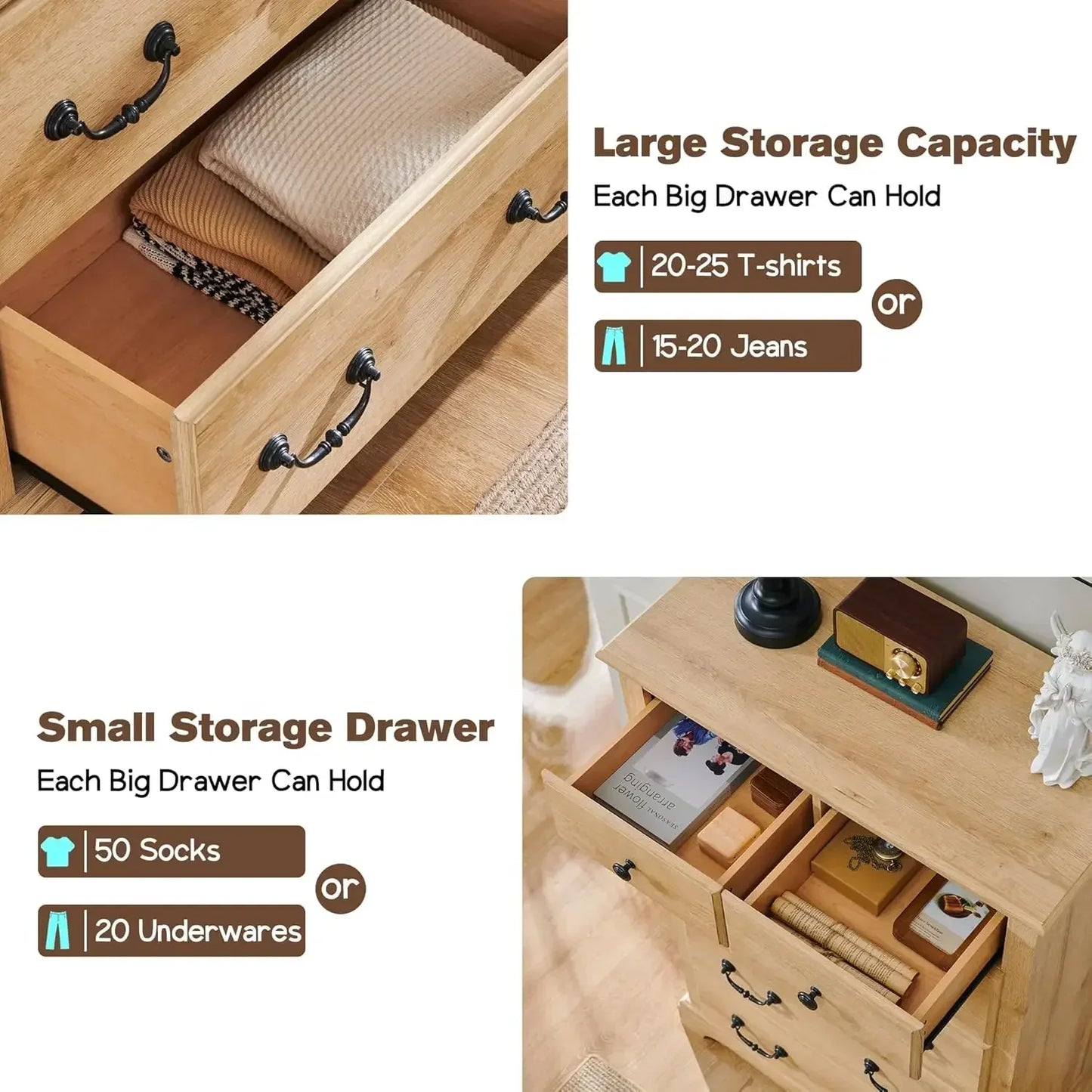 6 Drawers Dresser Chests for Bedroom, 48" Tall Rustic Chset,Wood Dressers Organizer for Bedroom, Living Room,Hallway,Natural Oak