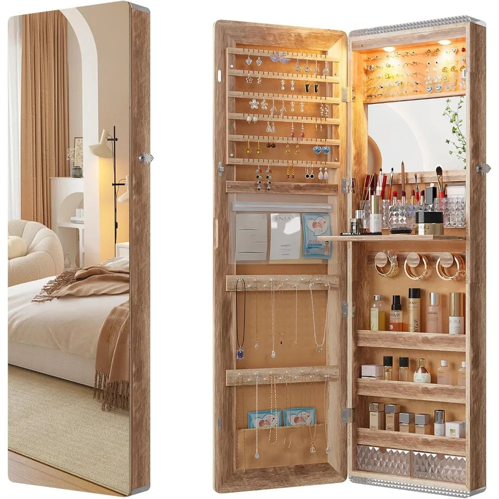 Wall-Mounted 47.2 Full-Length Mirror Jewelry Organizer with Over-the-Door Hanging Option