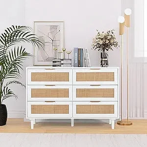 Rattan Dresser for Bedroom, Modern 6 Drawer Double Dresser with Gold Handles, Wood Storage Chest of Drawers fo Bedroom,Living Ro
