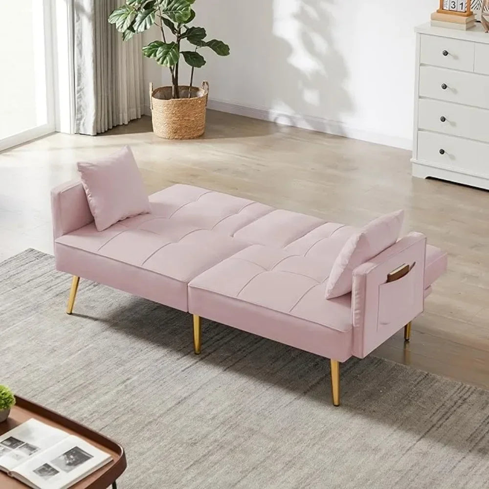 Futon Sofa Bed Convertible Daybed - Modern Linen Fabric Couch Bed with 2 Cup Holders & Removable Armrests, Multi-Functional Love