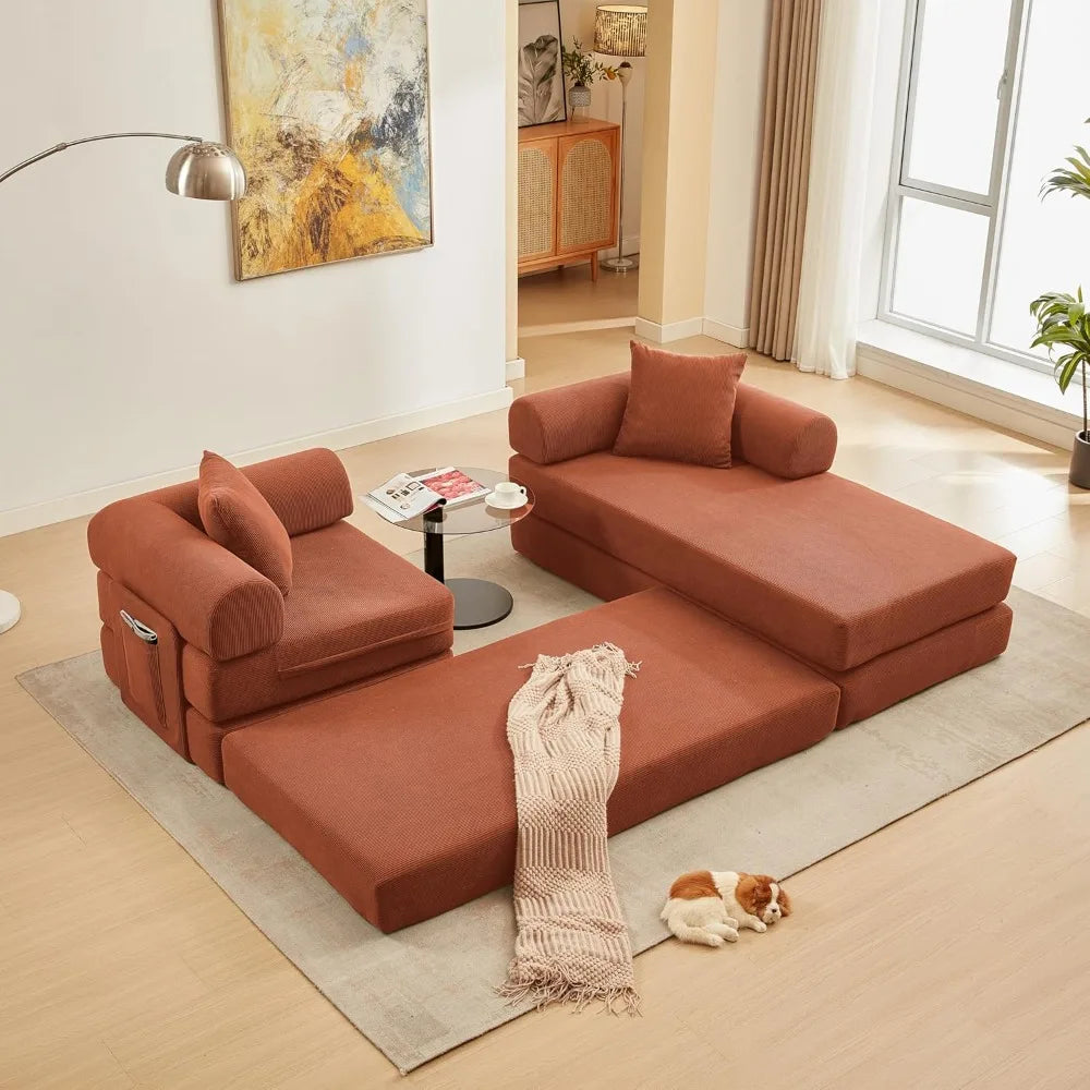 L Shaped Modular Sofa Bed with Cylindrical Pillow & Reversible Chaise, Corduroy Folding Floor Convertible Sofa Couch Bed