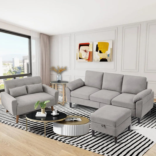 79" Convertible Sectional Sofa Set, Modern Linen Small L Shaped Couch with Reversible Chaise and Loveseat Sofa, 3-Seat Sofa