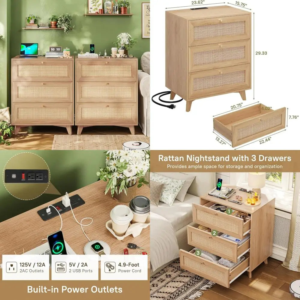 "set of 2 rattan bohemian nightstands with charging station, 3 drawers, 2 usb ports, and 2 ac outlets"