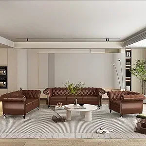 3 Piece Living Room Set, Velvet Chesterfield Sofa Loveseat Couch Chair with Scroll Arms and Nailhead for Living Room, Office (Bl